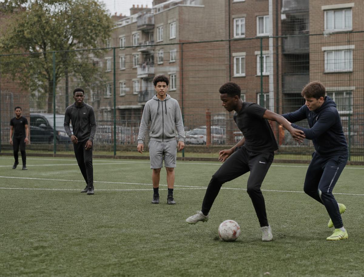 Teenagers playing football on an urban community pitch